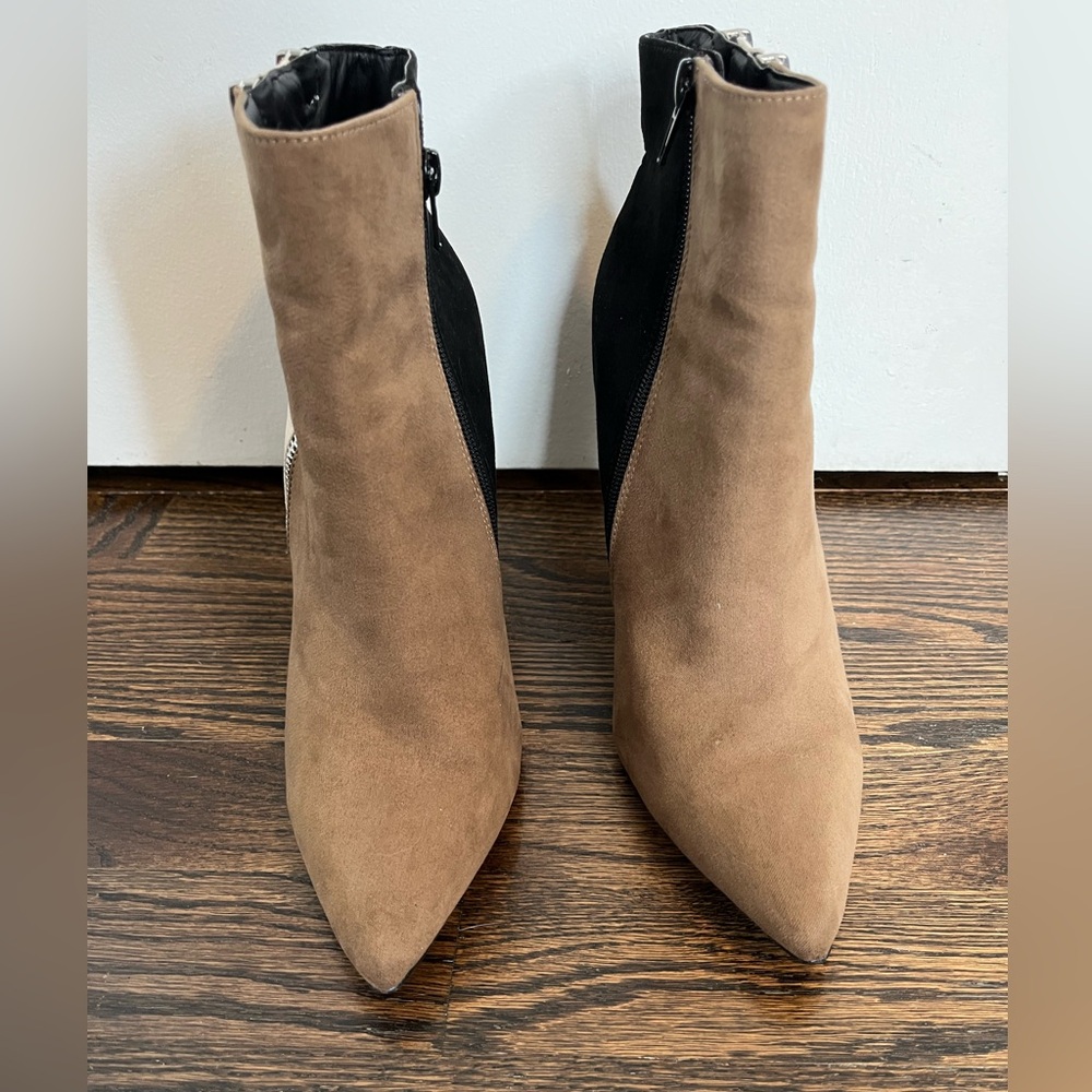 Shoe Dazzle Diane Tan Cream Black Heeled Boots booties size 9 zipper suede - Picture 3 of 10